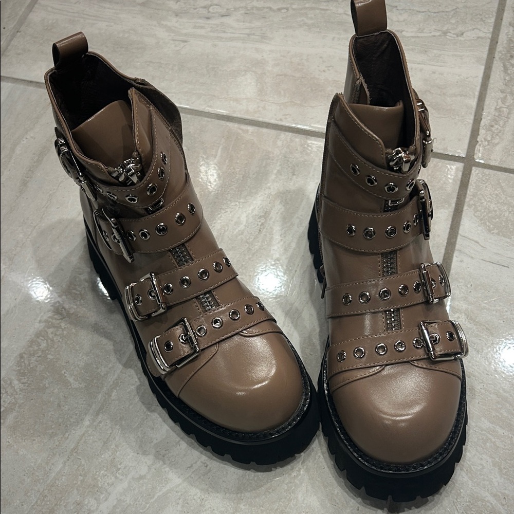 Jeffrey Campbell Taupe Studded Buckle Combat Boots